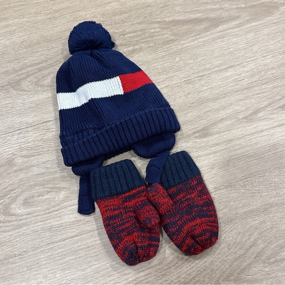Tommy Hilfiger Kids Navy Pom Beanie and Mittens Set - Navy, Red & White